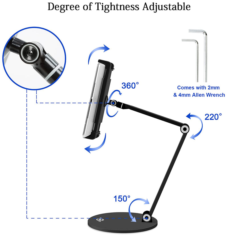 KABCON Tablet Stand,Tightness Adjustable 360°Rotatable Multi-Angle Eye-Level Aluminum Solid Long Arm Tablets Stands for iPad Series,Microsoft Surface Tablet Series,Samsung Galaxy Tabs,Kindle Fire,etc Black