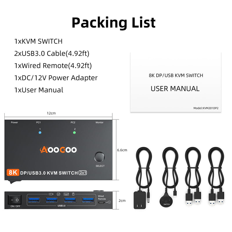DP KVM Switch 1 Monitors 2 Computers, 8K@60Hz/4K@240Hz KVM Switch for 2 PC Sharing 1 Monitors, Keyboard, Mouse, with USB3.0 Cables, Wired Controller and Power Adapter 8K 2 PC 1 Monitor DP KVM
