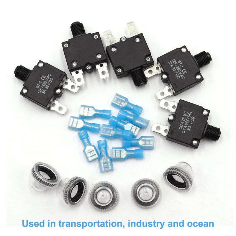 mxuteuk 5Pcs 3,5,10,15,20Amp Circuit Breakers Push Button Manual Reset 125/250V AC 32V DC,Overload Protector Switch Thermal Circuit Breakers with Quick Connect Terminals and Waterproof Button Caps 3A5A10A15A20A KIT
