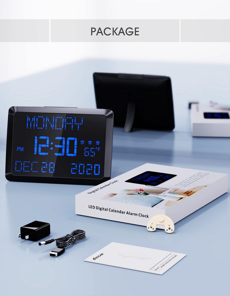 11.5" Large Display Digital Calendar Clock for Seniors, Digital Clock with Date and Day of Week for Elderly, 3 Alarms, 5 Dimmer, Temperature, Alarm Clock for Bedroom Living Room Blue Font