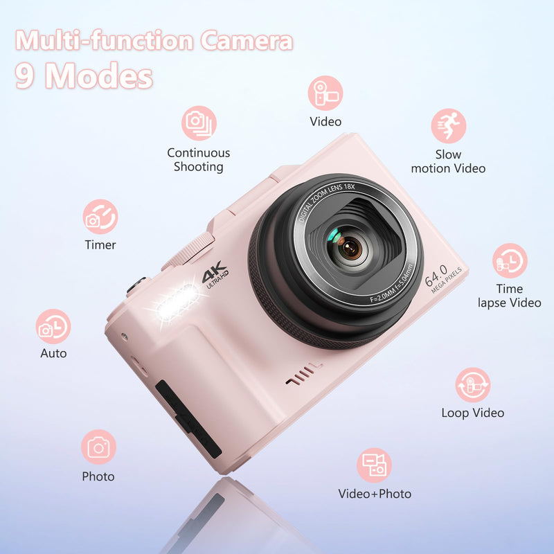 4K Digital Camera with 180° Flip Screen, 64MP Compact Vlogging Camera, Pink | Point And Shoot Camera with WiFi, 32GB SD Card, Easy To Use Digital Camera Kit for Travel and Beginners