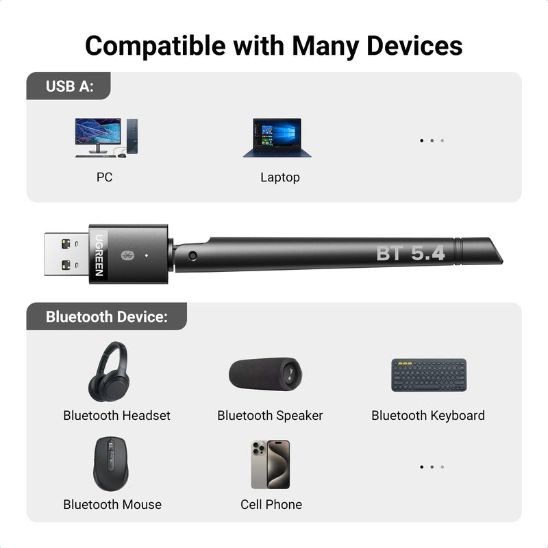 UGREEN Bluetooth Adapter for PC, Bluetooth 5.4 Long Range Dongle Receiver EDR & BLE, Plug & Play for Windows 11/10/8.1, for Headphone/Keyboard/Mouse/Speakers/Printer
