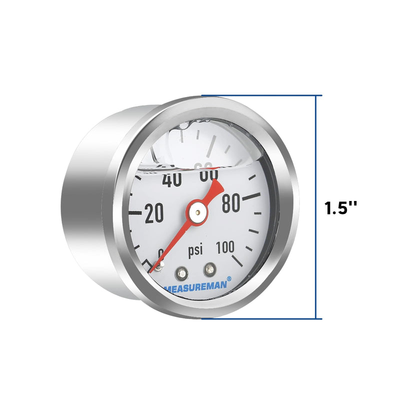 MEASUREMAN 1.5" Liquid Filled Fuel Pressure Gauge, 0-100 PSI Range for Accurate Tuning - Stainless Steel Case with a 1/16" NPT Center Back Mount