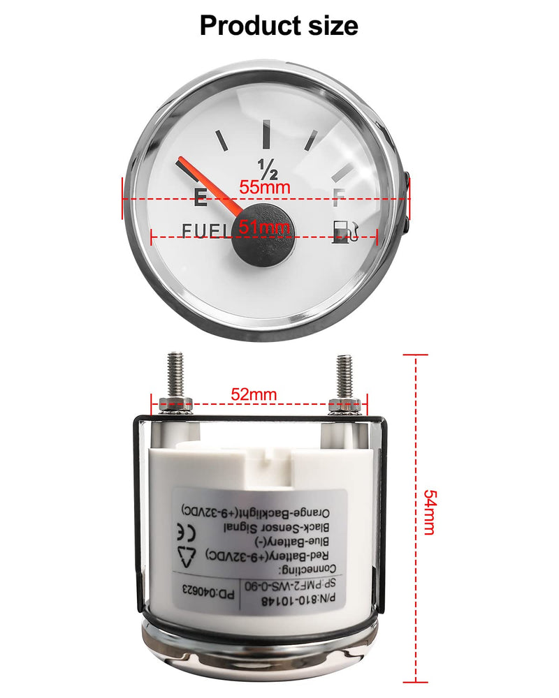 0-90 ohm Fuel Level Gauge, White Marine Boat Fuel Gauge, Automotive Gas Fuel Tank Meter Gauge for Car RV Truck Vehicle, with 52mm Dial & LED Backlight White Fuel Gauge