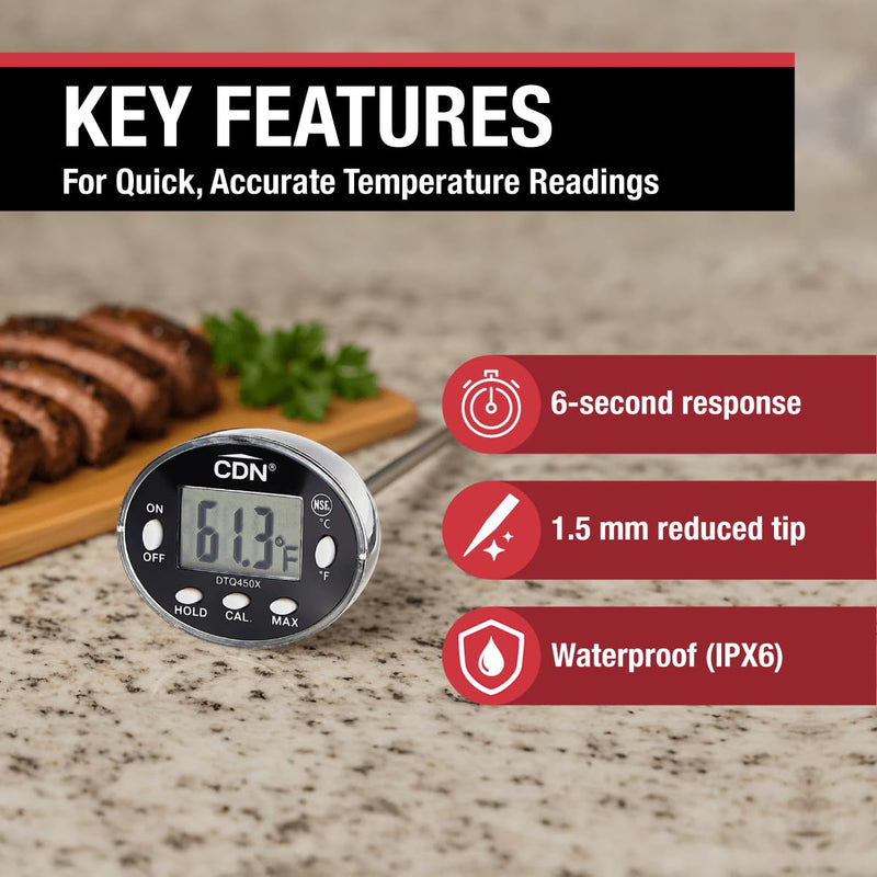 CDN Thin Tip Thermometer | ProAccurate®, 4.75" Stem, Digital, Hold, Max, Waterproof, NSF Certified, Ideal for Cooking, Brewing - DTQ450X Silver 1 EA