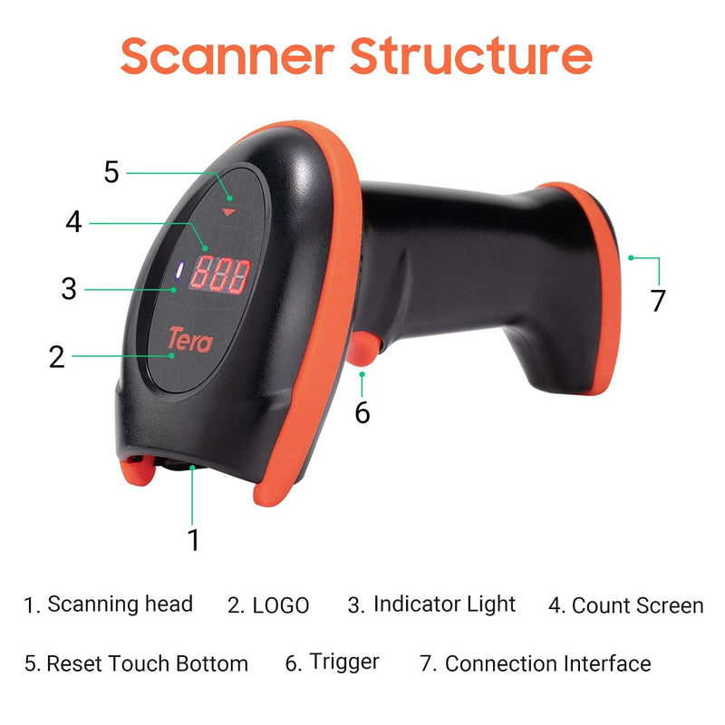 Tera Pro Series Wireless 1D 2D QR Barcode Scanner with Cradle Display Counting Screen Extra Fast Scanning Speed Ultra High Resolution Handheld Image Bar Code Reader for Warehouse Inventory HW0008 Orange