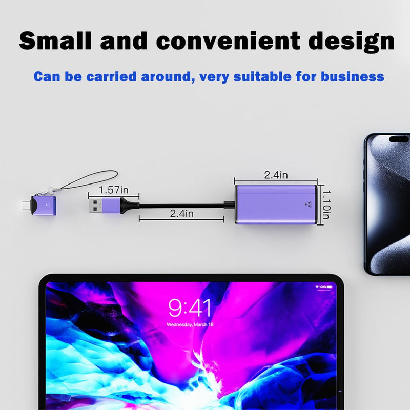 IVSHOWCO 2 in 1 USB to Ethernet Adapter, USB C 3.0 to Gigabit Ethernet Adapter LAN Network, 1000Mbps High Speed Network Port Compatible MacBook pro, iPad Air Pro, Laptop, XPS, Switch Purple.