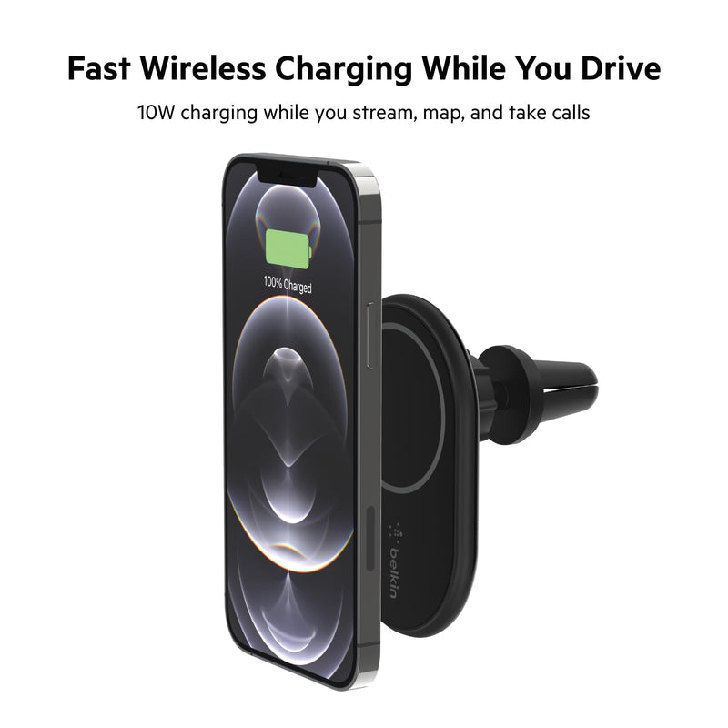 Belkin 10W Magnetic Wireless Car Charger, Vent Mount, No Adapter | iPhone 17/16/15/14, Pixel 10 compatible, no power adapter included, hands-free driving, vent mount No Power Supply Included