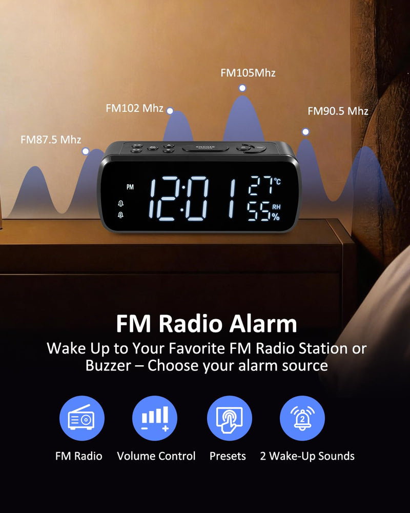 Digital Alarm Clock with FM Radio for Bedroom | 2 Alarms with Large LED Display,Snooze,USB Charger,Preset, Dimmer,Sleep Timer,Temperature,Relative Humidit,Adjustable Volume