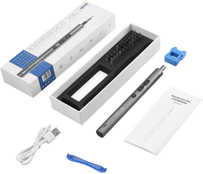AMIR Electric Screwdriver 28-in-1 Cordless Mini Power Precision Screwdriver Set with 24 Bits, Rechargeable Repair Tool Kit for Phones Watch Laptops Silver