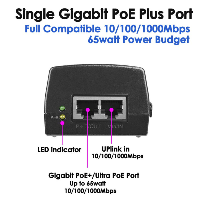 60W Gigabit PoE++ Injector - 10/100/1000Mbps, RJ45 Shielded, IEEE 802.3af/at/BT Compliant, PoE Switch Powerline Network Adapter for High Power Ethernet Devices, Up to 328ft Gigabit Ultra PoE+,60W