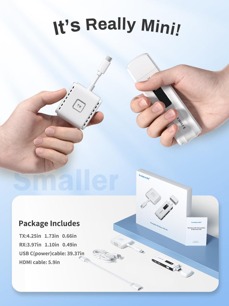 Lemorele Wireless USB-C Transmitter and HDMI Receiver Kit, Plug&Play USB-C to HDMI Wireless Extender, 2.4/5G 164ft Range 1080P Full HD, for Streaming Video&Audio to HD TV/Monitor from Phone/Laptop USB-C TX + HDMI RX