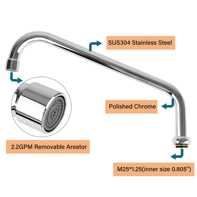 14"Brass Swivel Swing Nozzle Spout Replacement Kit for Most T and S Commercial Kitchen Sink Faucet, 14" Spout Reach with MAX 2.2 GPM Aerator