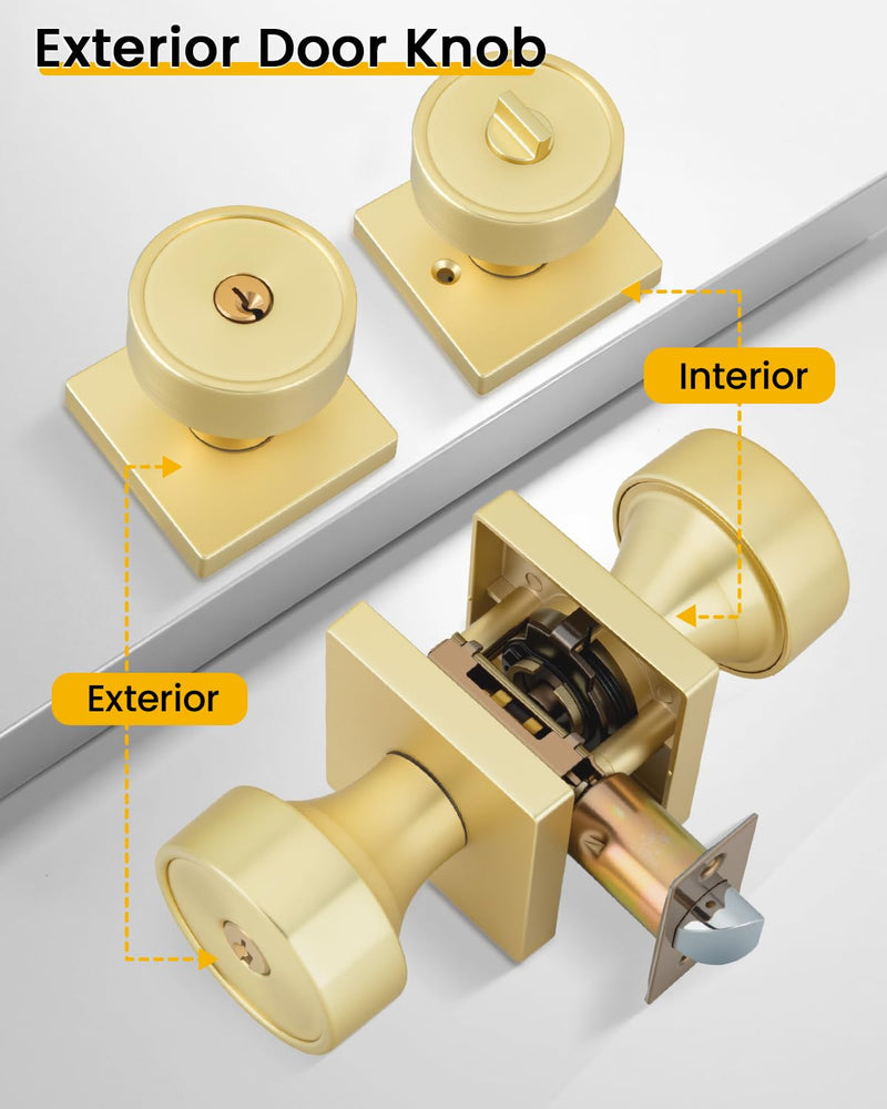 Goldenwarm Gold Entry Door Knob with Lock and Key, Zinc Alloy Brushed Gold Exterior Door Knobs for Front Door, 1 Pack