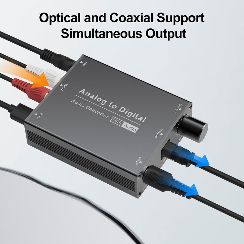 Analog to Digital Audio Converter, RCA to Optical Audio Converter with 3.5mm AUX Jack and Coaxial Adapter for Soundbar, Equipped with Volume Adjustment Function