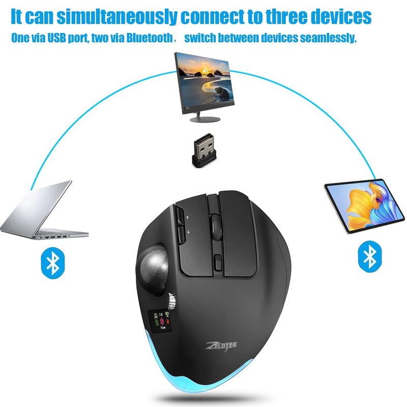 zelotes Wireless Trackball Mouse with Display,Ergonomic Bluetooth Mouse,Rechargeable,4800 DPI, 3-in-1(BT +2.4GHz USB Receiver+Type-C), 8 Programmable Buttons,LED Lighting,for Laptop, PC, Pad,Black