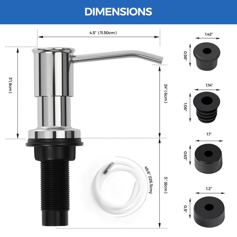 Soap Dispenser for Kitchen Sink, Chrome Built in Soap Dispensers, Stainless Steel Sink Soap Dispenser or Lotion Dispenser Pump with 47" Extension Tube Kit, Upgraded Metal Check Valve