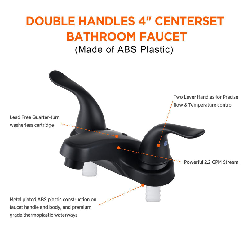 Bathroom Sink Faucets 2/3 Hole,Matte Black Dual Handles 4 inch Plastic Plating Over Bathroom Faucet with Pop-up Drain and 2 Supply Hoses for Apartment Rvs Sink Vanity Matte Black