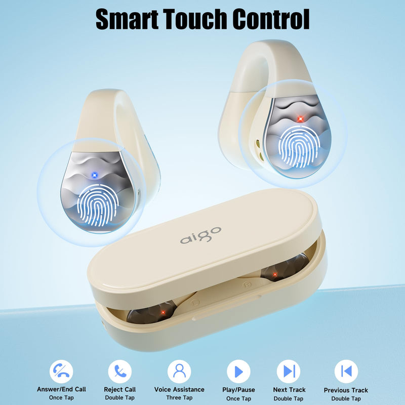 aigo Wireless Earphones Bluetooth Earbuds, Open Ear Clip Headphones for iPhone/Android/Computer, Sport Ear Buds Built-in Mic, Noise Canceling, Waterproof, Wireless Charging, Off White Headset