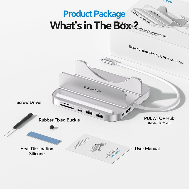 9 in 1 Mac mini M4 Dock with HDMI 4K & 4TB M.2 SSD Enclosure, Aluminum Vertical USB-C Hub Stand for Mac mini M4 Pro Hub, USB-A/C 10Gbps, 2xUSB-A 2.0, 3.5mm Audio, SD/TF (SSD NOT Included)