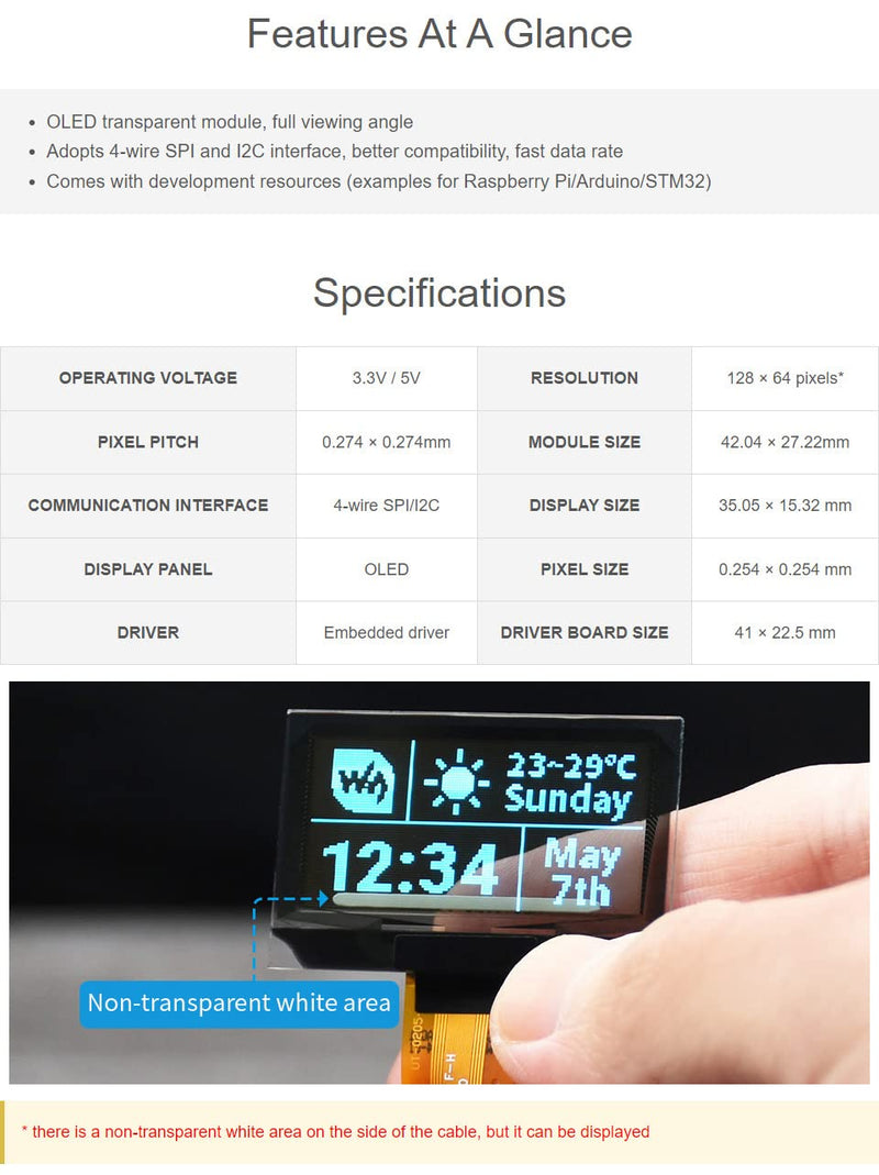 Waveshare 1.51inch Transparent OLED 128×64 Resolution Compatible with Raspberry Pi 4B/3B+/3A+ Embedded Independent Driver Chip SPI/I2C Interfaces Light Blue Color Display