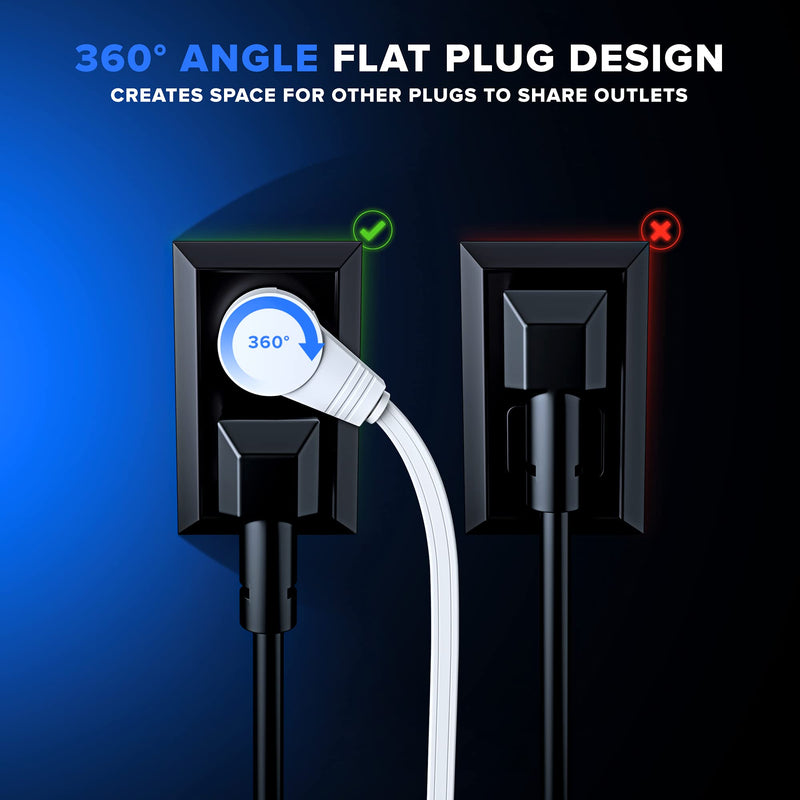 Maximm Cable 25 Ft 360° Rotating Flat Plug Extension Cord/Wire, 16 AWG Multi 3 Outlet Extension Wire, 3 Prong Grounded Wire - White - UL Certified 25 Feet