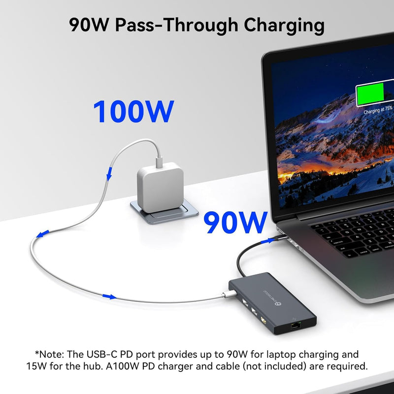 USB C Laptop Docking Station 3 Monitors with Dual DisplayPort 4K@120Hz and HDMI 4K@60Hz, 12 in 1 Thunderbolt Hub with USB A 3.0, USB C 3.2, Ethernet, SD, TF, PD 100W Medium grey