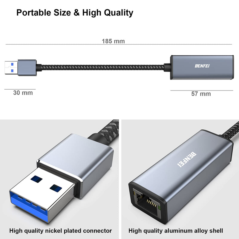 BENFEI USB 3.0 to Gigabit Ethernet Adapter Compatible for MacBook, Surface Pro, PC with Windows11/10/8/7, XP, Vista, Mac[Aluminium Shell&Nylon Cable] 1 Gray