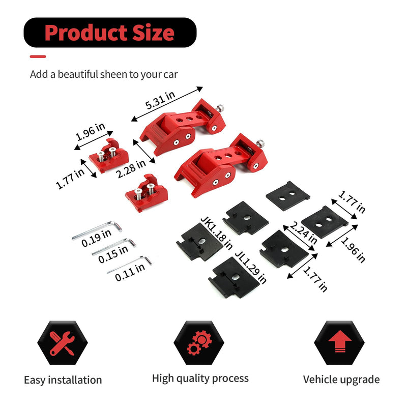 Hood Latches Hood Lock Catch Latches Kit Aluminum Alloy Stainless Steel for Jeep Wrangler JK JKU JL JLU & Gladiator JT 2007-2024,Red Red