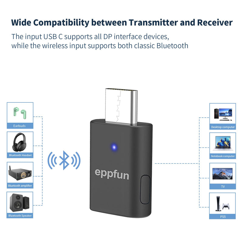 eppfun USB C Bluetooth Adapter for ps5/PS4, Dual Connection Wireless Audio Adapter Low Latency Dongle with 3.5 mm Analog Mic for PC, Mac, Phone