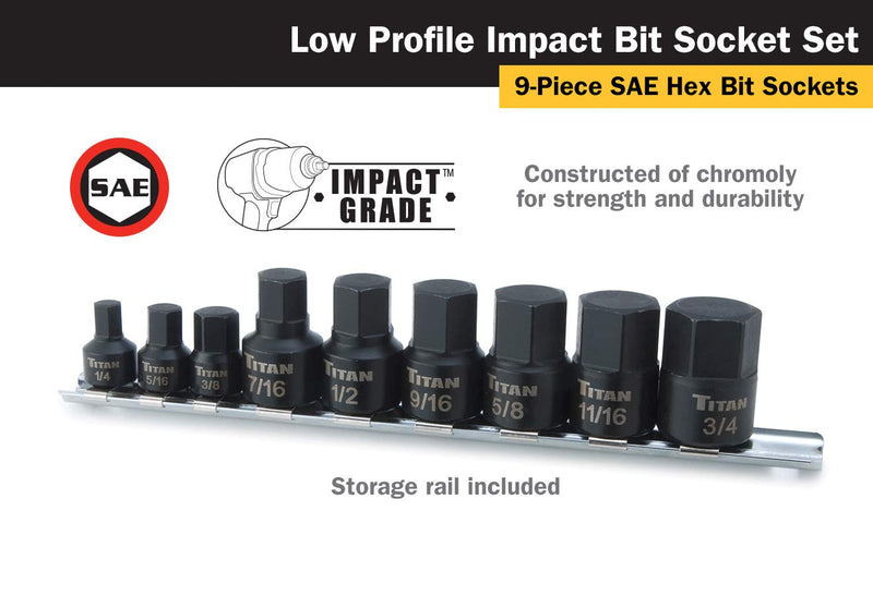 Titan 16140 9-Piece Low Profile Impact SAE Hex Bit Socket Set Stubby SAE Impact