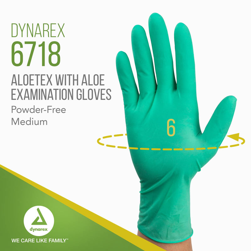 Dynarex Aloetex Latex Aloe Disposable Exam Gloves, Powder Free, Aloe Vera Gloves for Dry Hands, Green Latex Gloves, Green, 1 Box of 100 Gloves (Medium) Medium