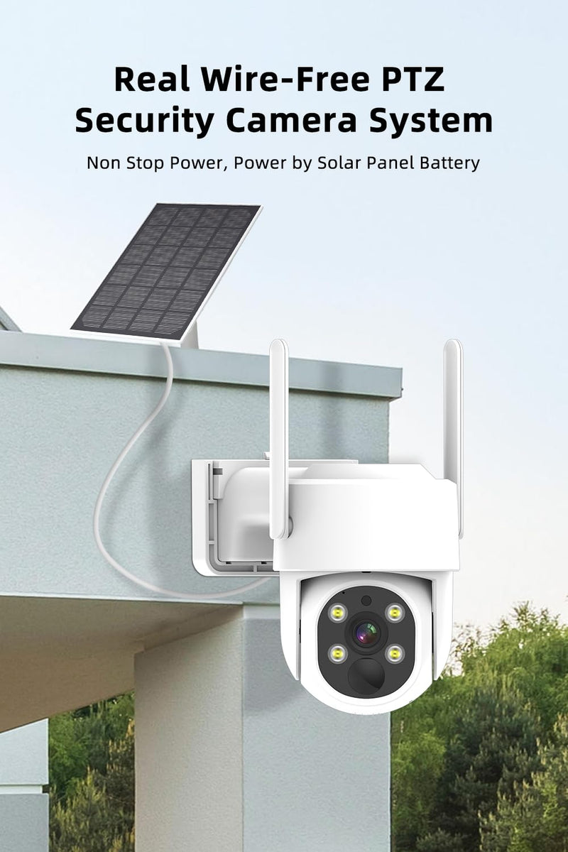 PTZ Security Camera Wireless Outdoor Solar Powered, Pan Tilt 360 Security Camera Waterproof Two Way Audio Color Night Vision Compatible with Alexa Compatible Camera System