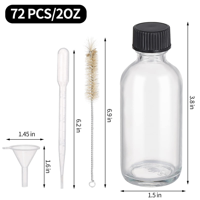 72 Pack 2oz Small Clear Glass Bottles with Lids, Boston Round Bottles | 60ml travel bottles for vanilla, hot sauce, juice, whiskey and liquids, with 72 labels, 5 funnels, 5 droppers and brush