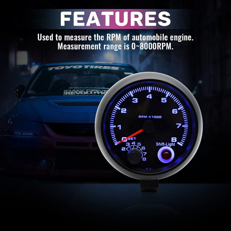 Tachometer Gauge,3.75'' Car Universal Black Tachometer Gauge Blue Inter Shift Light 0-8000 RPM