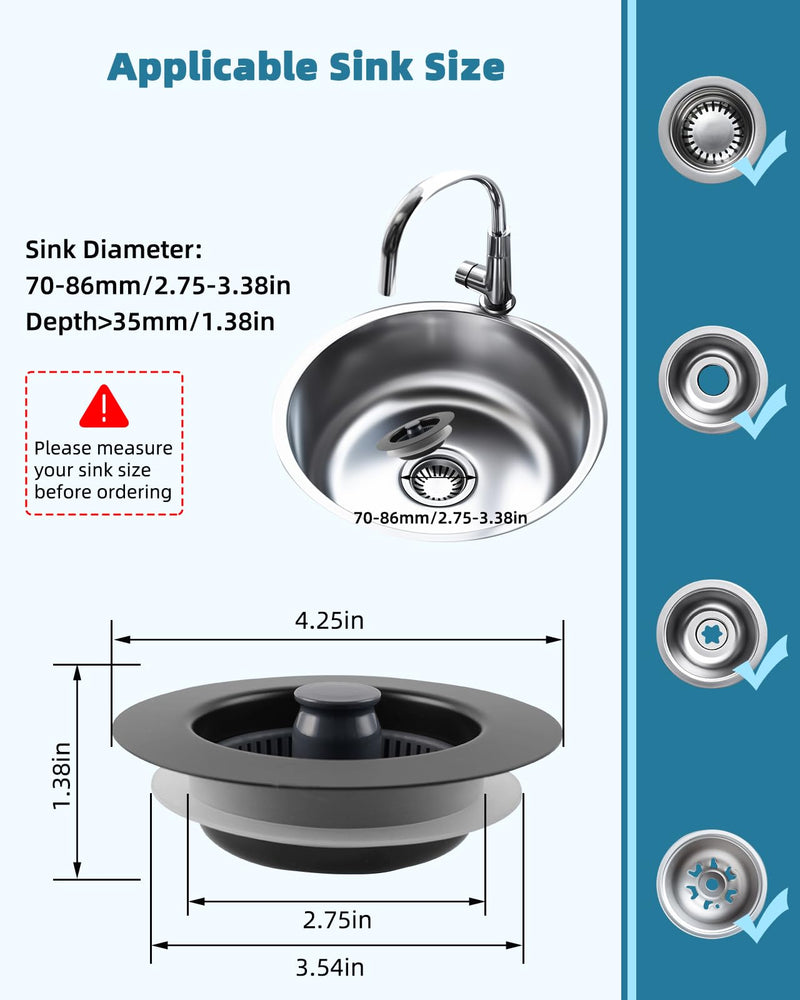 Universal 3 in 1 Kitchen Sink Drain Strainer Stopper Combo, 2PCS Matteblack Stainless Steel Shell Pop Up Sink Stopper for US Standard 3-1/2 inch Drain Filter, Anti-clog and Easy Clean 2 Black Metal Shell with Flat Handle Strainer