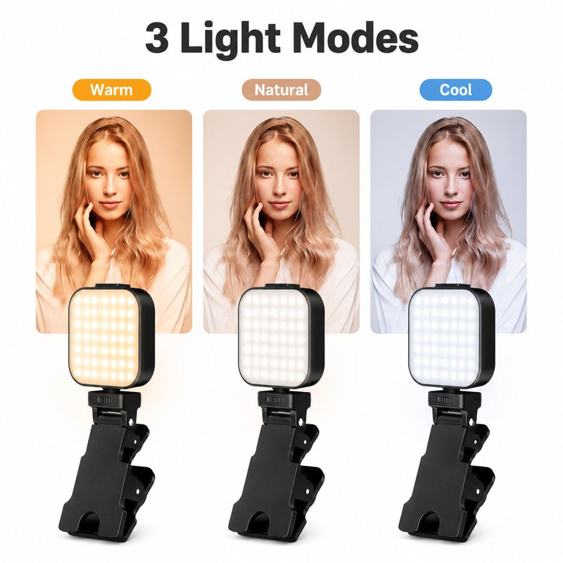 Portable Selfie Light for Phone, Rechargeable Video Conference Lighting with Clip & Tripod Adapter, Multi Light Modes for Webcam, Laptop, Makeup, Photo and Video Calls