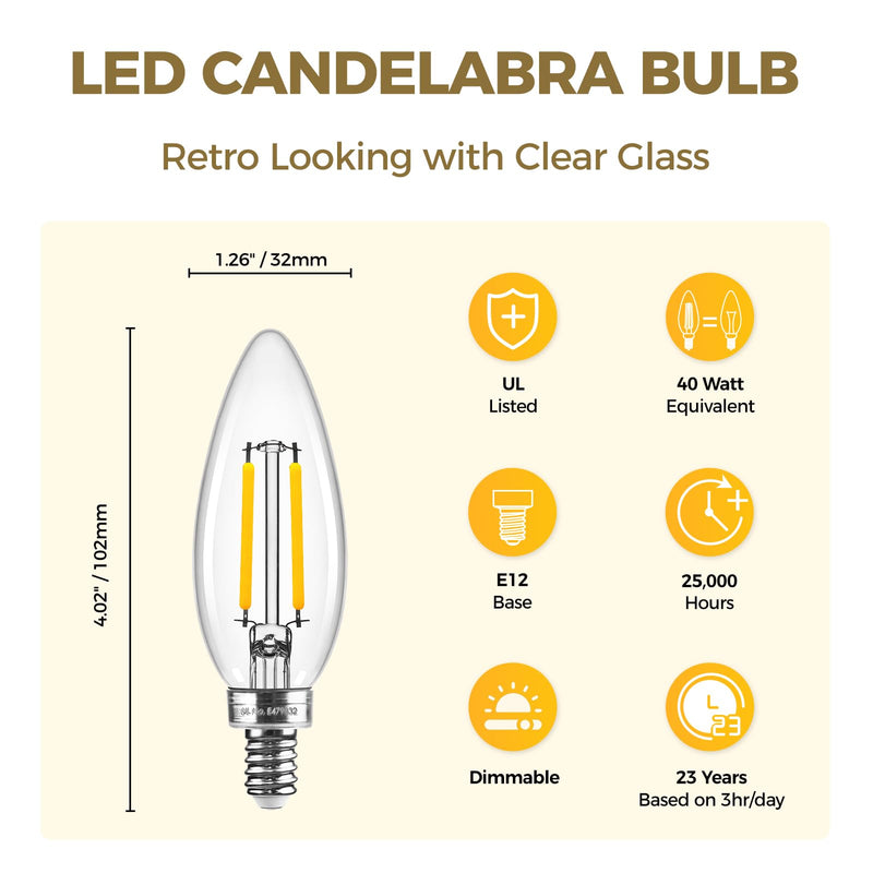 Hizashi E12 Candelabra Light Bulbs 40 watt, Dimmable E12 LED Bulb Soft White 3000K, 90+CRI 4W 450LM B10 LED Candle Light Bulbs, Candelabra Base, UL Listed, 24 Pack 40w Soft White