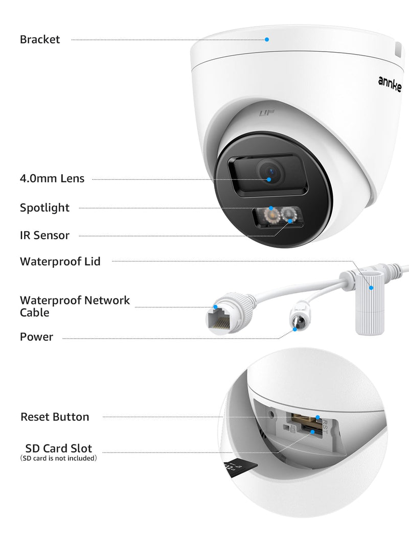 ANNKE C800 4K PoE Security Camera with AI Human/Vehicle Detection, IP Cam with Audio,Wide Angle, Remote Access, Spotlight Night Vision, IP67 Waterproof, H.265+, Support up to 512GB TF Card C800 1 Pcs