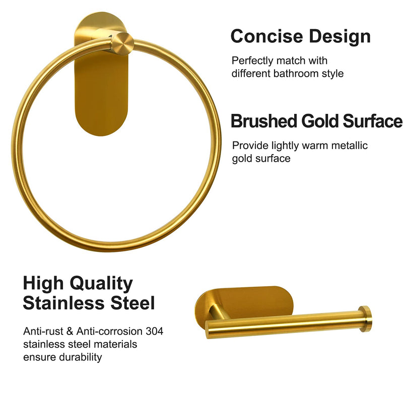 HouseAid Self Adhesive Towel Ring and Toilet Paper Holder Set, Stainless Steel No Drilling Hand Towel Holder Kit for Bathroom, Brushed Gold (2 Pieces)