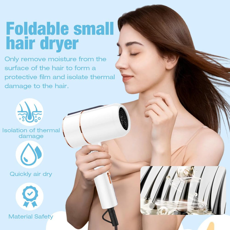 Travel Hair Dryer, Foldable Travel Professional Hair Dryer, Small Blow Dryer with Concentrator, Blow Dryer with Heating and Cool, Fast Drying Ionic Hairdryer for Women, Men, Salon, Home(White)