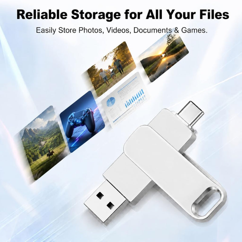USB C Flash Drive 256GB, 2-in-1 Dual OTG Thumb Drive Memory Stick 256G, Silver Swivel Metal Jump Drive 256 GB Compatible with Type-C Smartphones, Tablets, Laptops