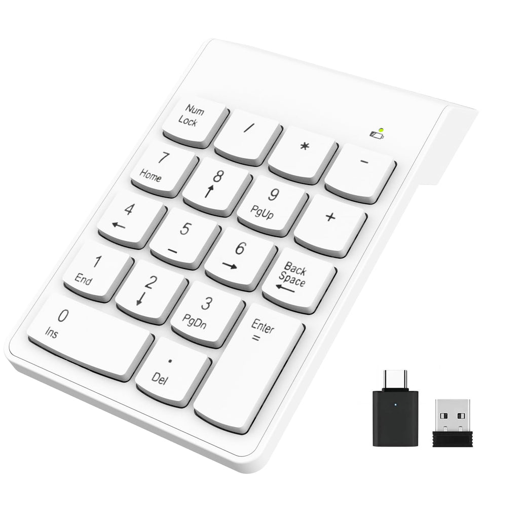 Wireless Numpad with Type C to USB Adapter, Numeric Keypad Number Pad Compatible with Laptops Computer Desktop MacBook Air Pro - 10 Key USB Keypad Office Accessories White