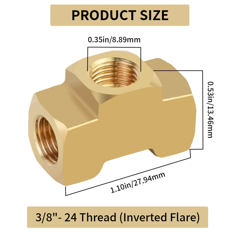 Mupera Upgraded 3/16 Brake Line Fitting - 2 PCS Universal Brass 3-Way Female Brake Line Tee For Inverted Flare Fittings, Brass Tee Fitting, All 3/8"-24 threads Ports 3Way-316X2