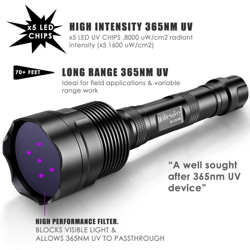 Black Light UV Flashlight, 5LEDs UV Light 50W Powerful Blacklight Torch Professional Grade Beam for Pet Urine Finding & Mineral, Antique Detection, Scorpion Search,Commercial Use (UV500_365nm) UV500_365nm
