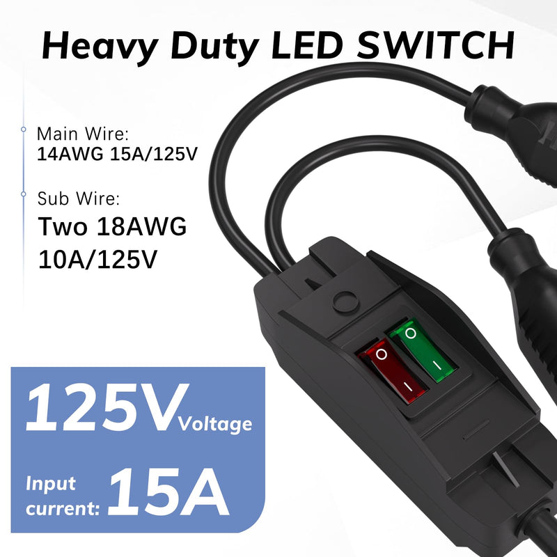 2-Way 3 Prong Extension Cord with Switch ON/Off, Heavy Duty Outdoor Extension Cord Splitter with One NEMA 5-15P Plug and Two NEMA 5-15R Receptacles, Black,15FT 15FT