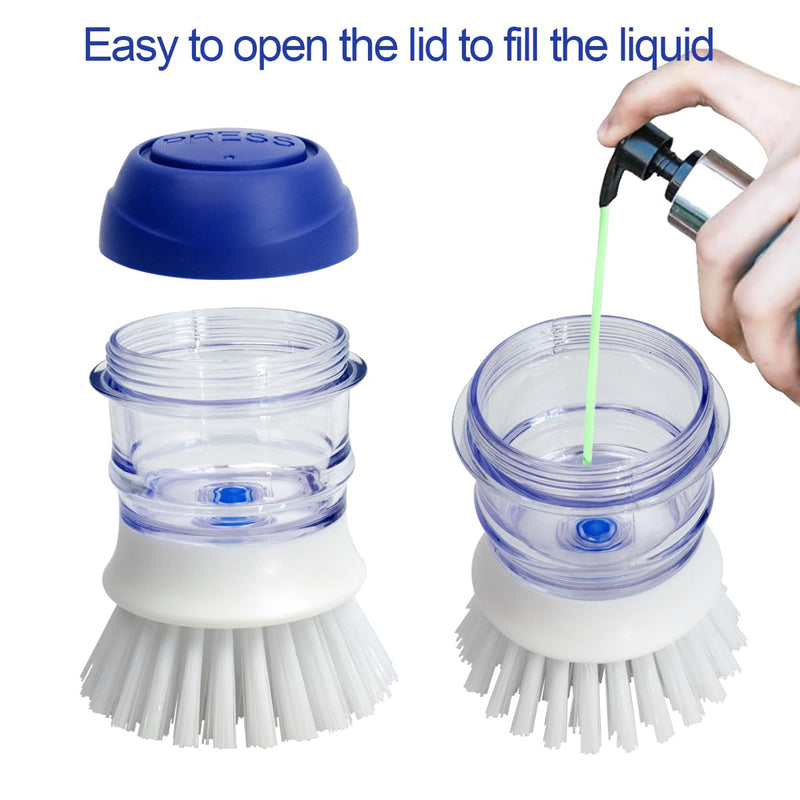 CELOX 2 Pack Dish Brush with Soap Dispenser for Kitchen Cleaning, Kitchen Brush for Dish Pot Pan Sink Cleaning White and Blue Brush