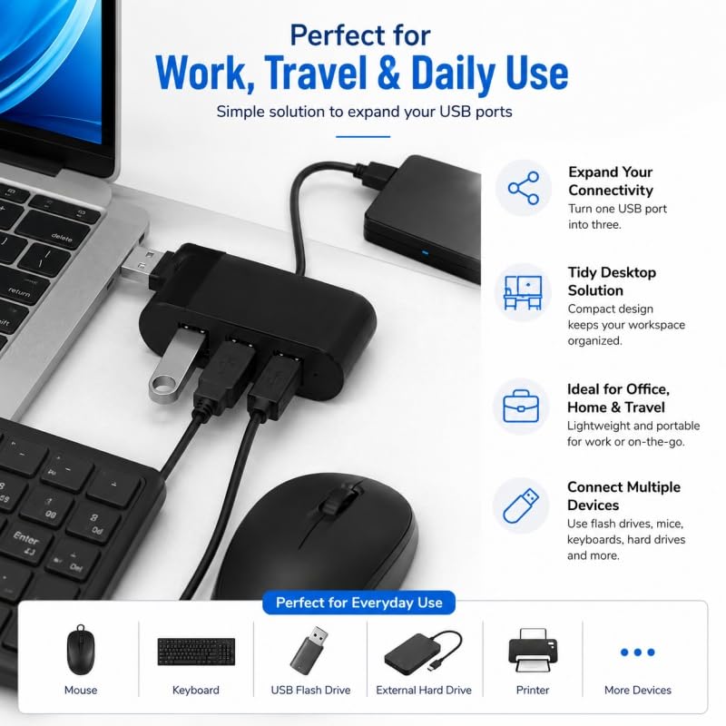 3-Port USB Hub Splitter Adapter Rotating Compact Plug and Play Swivel Design No Battery Required for Laptops PCs Travel, Black