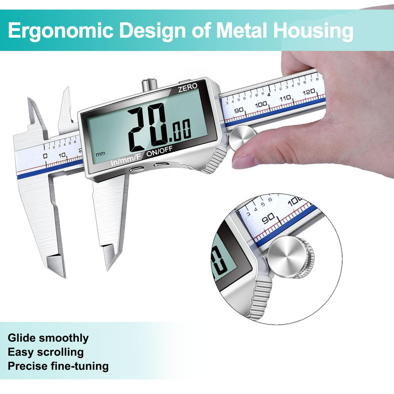 Kynup Digital Caliper Measuring Tool, Vernier Dial Caliper Digital Outside Micrometer, 6 Inch Caliper DIY Tool, Stainless Steel, Large Screen, Splash Proof, Inch Metric Fraction Switch 301-2