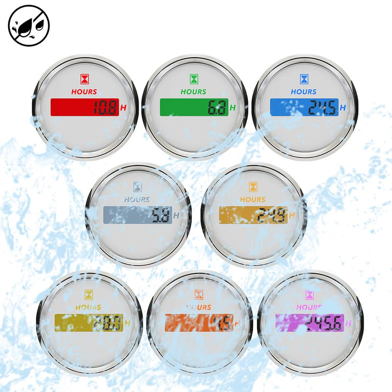 2 Inch/52mm Engine Hour Meter 0-99999.9H Adjustable Hourmeter 12V 24VDC for All Cars Boats (White&Silver) White&Silver